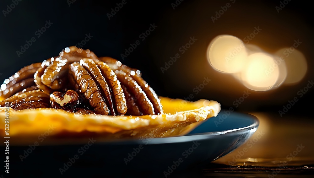 Poster caramelized pecan nuts on dark plate with golden bokeh background, close up macro shot highlighting 