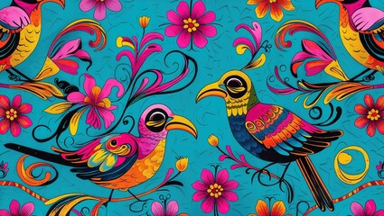 This design showcases a lively and colorful seamless pattern with intricate birds and floral elements, set against a striking blue background. Each bird displays unique colors and patterns