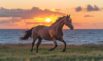 Brown Horse Running on a Beach at Sunset