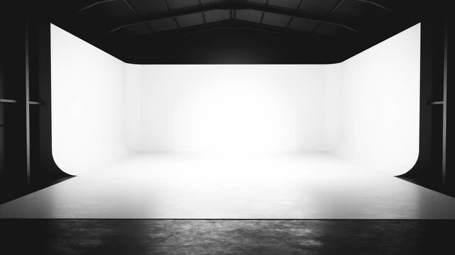 Professional photo studio setup with white cyclorama wall and dark interior