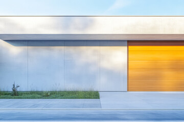 Naklejka premium Modern architecture showcases sleek design with wooden garage door on sunny day
