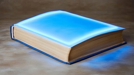 Fototapeta premium Glowing blue light illuminates book on brown surface