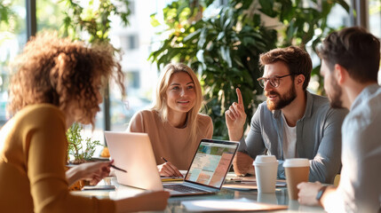 A group of diverse professionals collaborating in a modern office, holding laptops and tablets while analyzing data together at a whiteboard. Plants.