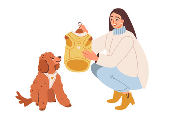 A woman buys clothes for her dog. The pet owner does the shopping. Flat illustration.