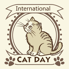 International Cat Day Vector Illustration, Adorable Cartoon Cat Character Design