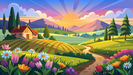 Fototapeta premium panorama rural landscape with sunrise and blossoming meadow