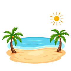 Fototapeta premium Cartoon beach scene with palm trees and sun, transparent background