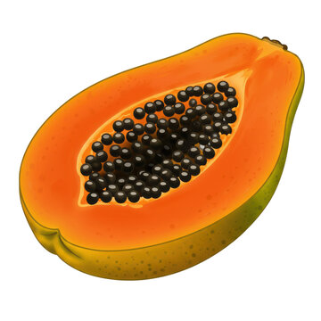 sliced papaya fruit, orange flesh, black seeds clip art preview