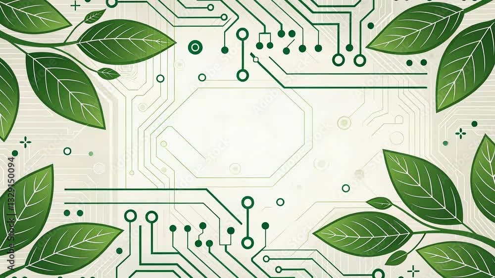 Poster nature-inspired tech border design with leaves and circuits