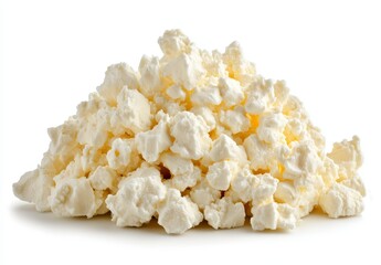 Pile of White Crumbly Cheese Curds on White Background
