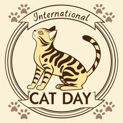 International Cat Day Vector Illustration, Adorable Cartoon Cat Character Design