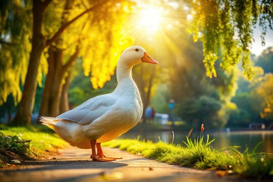 Tranquil 4K image: a lone white duck in a sunlit park, serene long exposure photography.