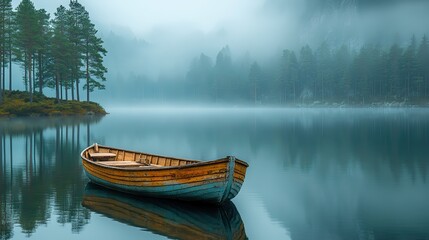 Obraz premium Serene nature early morning mist envelops a tranquil lake, reflecting pine tree silhouettes a lone wooden boat rests peacefully in the foreground.