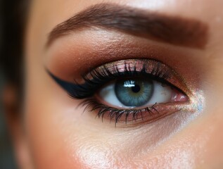 Obraz premium Close-up of eye with shimmering metallic eyeshadow and winged eyeliner