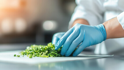Chopping fresh green onions with gloved hands in kitchen setting, showcasing culinary skills and attention to hygiene