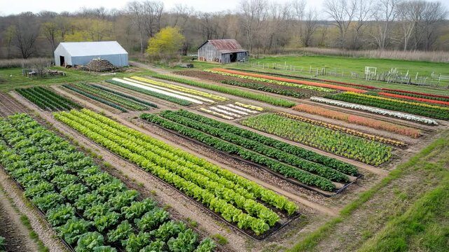 Agricultural Vista: A high-angle shot captures a vibrant, organized agricultural landscape, showcasing multiple crop rows in a structured layout, with farm buildings providing a touch of rural charm.