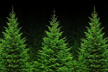 Fototapeta premium Green Fir Trees in Forest with Dark Background for Holiday Themes