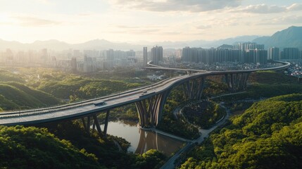 Obraz premium Elevated Highway Bridge for Cityscape Sunset.