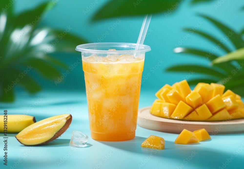 Poster refreshing mango juice with ice cubes and fresh fruit chunks