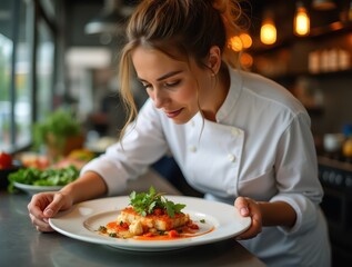 Naklejka premium Female chef plating gourmet dish in restaurant kitchen