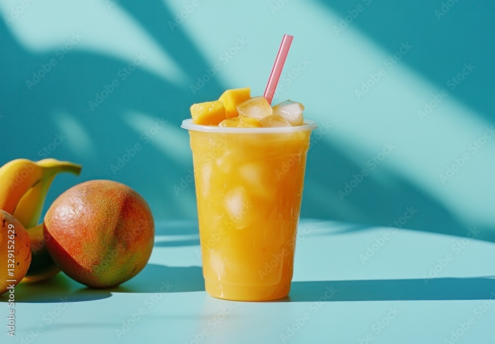 Poster refreshing mango smoothie with ice cubes and straw on pastel background