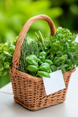 Naklejka premium A wicker basket brimming with fresh herbs including basil, cilantro, and dill sits against a backdrop of lush greenery, capturing the essence of gardening and culinary delights