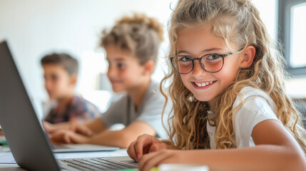 diverse students in an office setting, engaged and smiling while using laptops