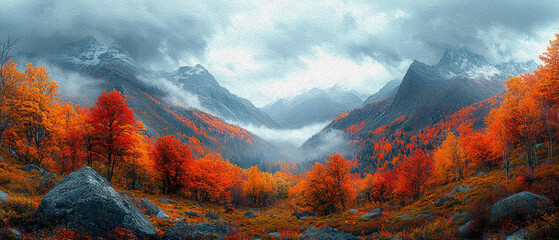 Dramatic autumn valley with vibrant orange and red foliage surrounded by misty blue mountains and boulders. Generative AI.