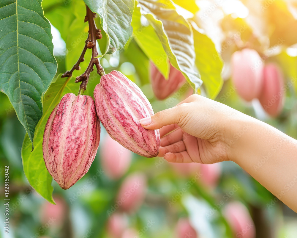 Poster close up of hand touching ripened cocoa pods on tree branches, showcasing vibrant colors and texture
