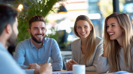 A group of diverse professionals collaborating in a modern office, holding laptops and tablets while analyzing data together