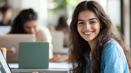 Fototapeta premium young, diverse students in an office setting, engaged and smiling while using laptops to create designs on paper