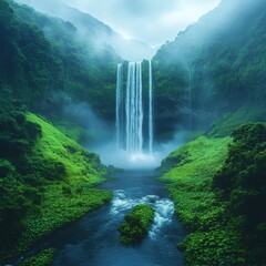 a magnificent waterfall cascading down a lush green mountainside, creating a mesmerizing view