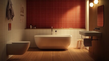 Luxury bathroom interior with red walls with white bathtub and sink with vertical mirror standing in stylish bathroom in apartment with panoramic window on city view,3D rendering.