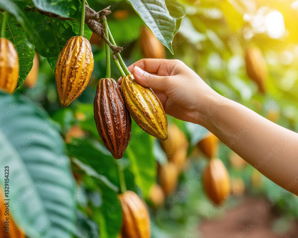 Poster close up of hand touching ripened cocoa pods on tree branches, showcasing vibrant colors and texture