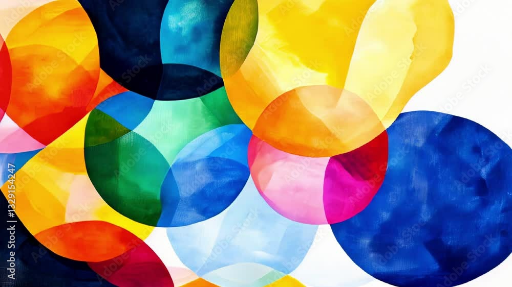 Poster vivid abstract geometric pattern with overlapping colorful circles and dynamic shapes.