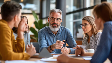 A group of diverse professionals collaborating in a modern office, holding laptops and tablets while analyzing data together