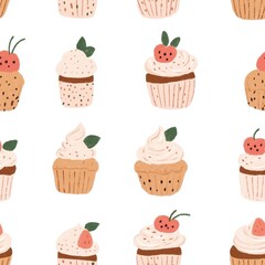 Seamless pattern of fluffy cupcakes topped with smooth frosting, perfect for sweet-themed designs and projects.