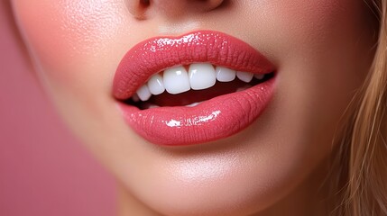 Obraz premium Slightly open, glossy pink lips reveal perfectly white teeth against a matching pink background, symbolizing lip augmentation and dental care.