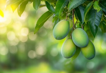 Hanging Green Mangoes on Tree Branch in Sunlight Lush Foliage