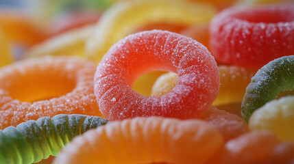 Bright gummy candies shaped like rings and worms with a sugar coating, macro shot