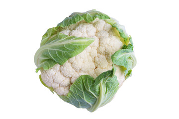 Whole head of organinc fresh raw cauliflower with green leaves close up, macro isolated on white,...