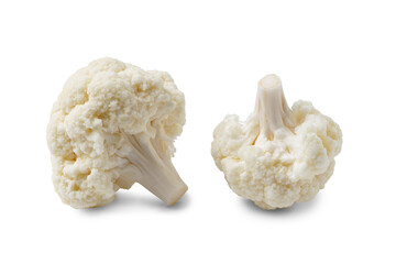 Two pieces, fragments, chopped branch of organinc fresh raw cauliflower close up, macro isolated on white, transparent background. Food ingredient, healty eating, agriculture, uncooked vegetable.