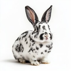 Obraz premium Adorable Spotted Rabbit Sitting Alertly with Long Ears Against a Simple Light Backdrop Image