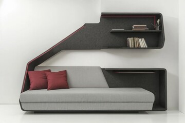 Modern gray sofa with integrated shelves and red accents in a minimalist white room.