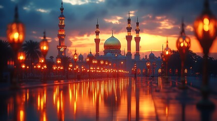 Naklejka premium Majestic Mosque at Sunset with Illuminated Lanterns and Reflective Walkway