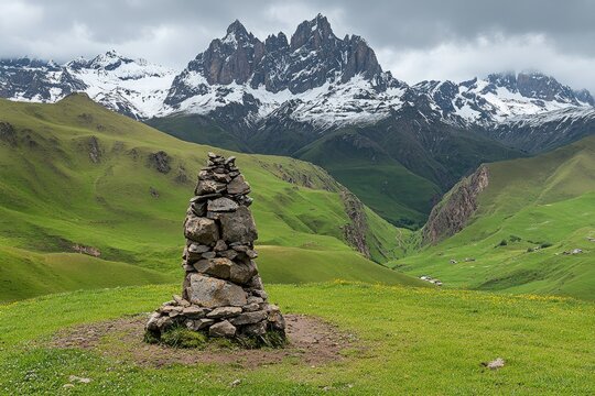 Mountain landscape with cairn. Lush green valley, snow-capped peaks