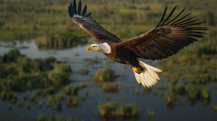 Obraz premium Ecological impact wildlife recovery concept. Majestic eagle soaring over a lush landscape.