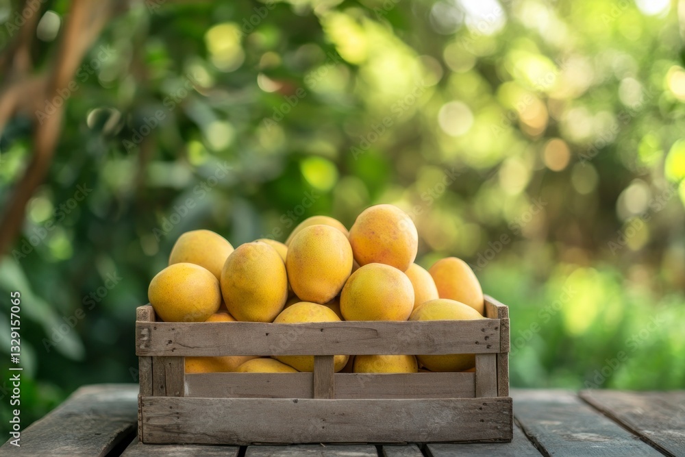 Aufkleber fresh grapefruit in wooden crate on rustic table with greenery