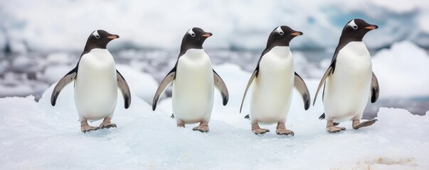 Obraz premium Ecological impact wildlife recovery concept. Four penguins walking on ice in a snowy landscape.