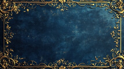 Dark blue textured background with ornate gold frame.